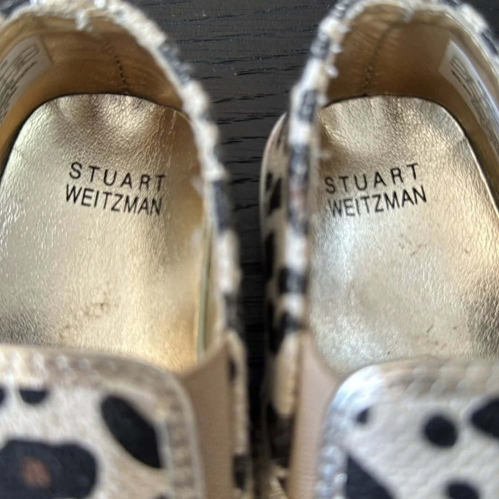 Stuart Weitzman Baby Nuggets animal print metallic gold trim slip on sneakers. 5